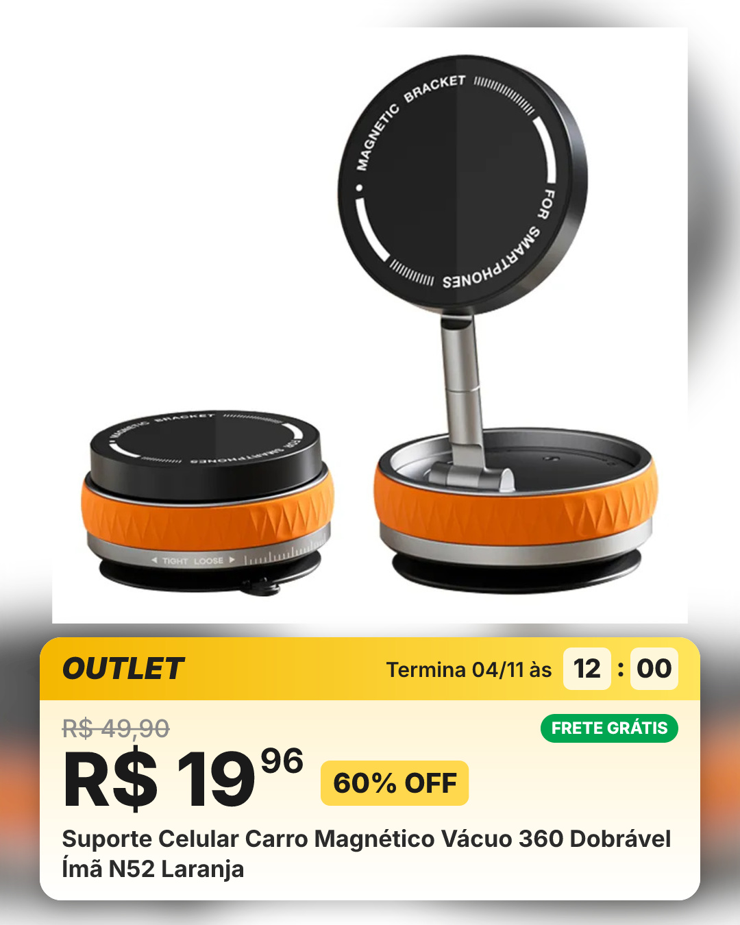 Suporte Celular Carro Magnético Vácuo 360 Dobrável Ímã N52 Laranja