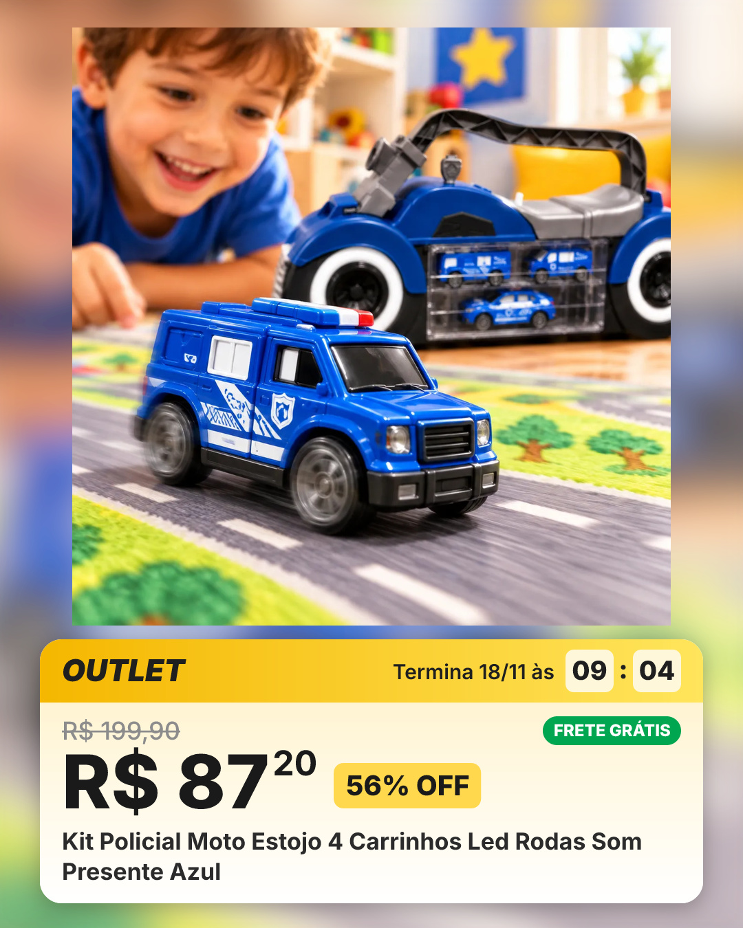 Kit Policial Moto Estojo 4 Carrinhos Led Rodas Som Presente Azul