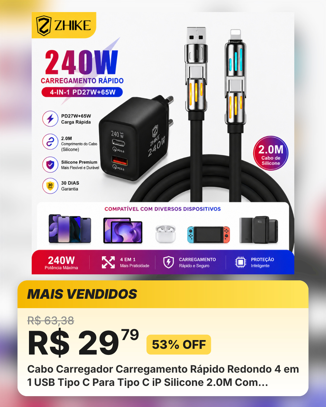 Cabo Carregador Carregamento Rápido Redondo 4 em 1 USB Tipo C Para Tipo C iP Silicone 2.0M Com Adaptador GaN