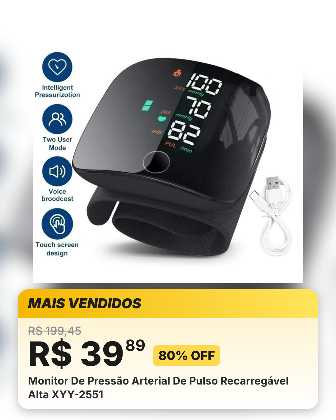 Monitor De Pressão Arterial De Pulso Recarregável Alta XYY-2551
