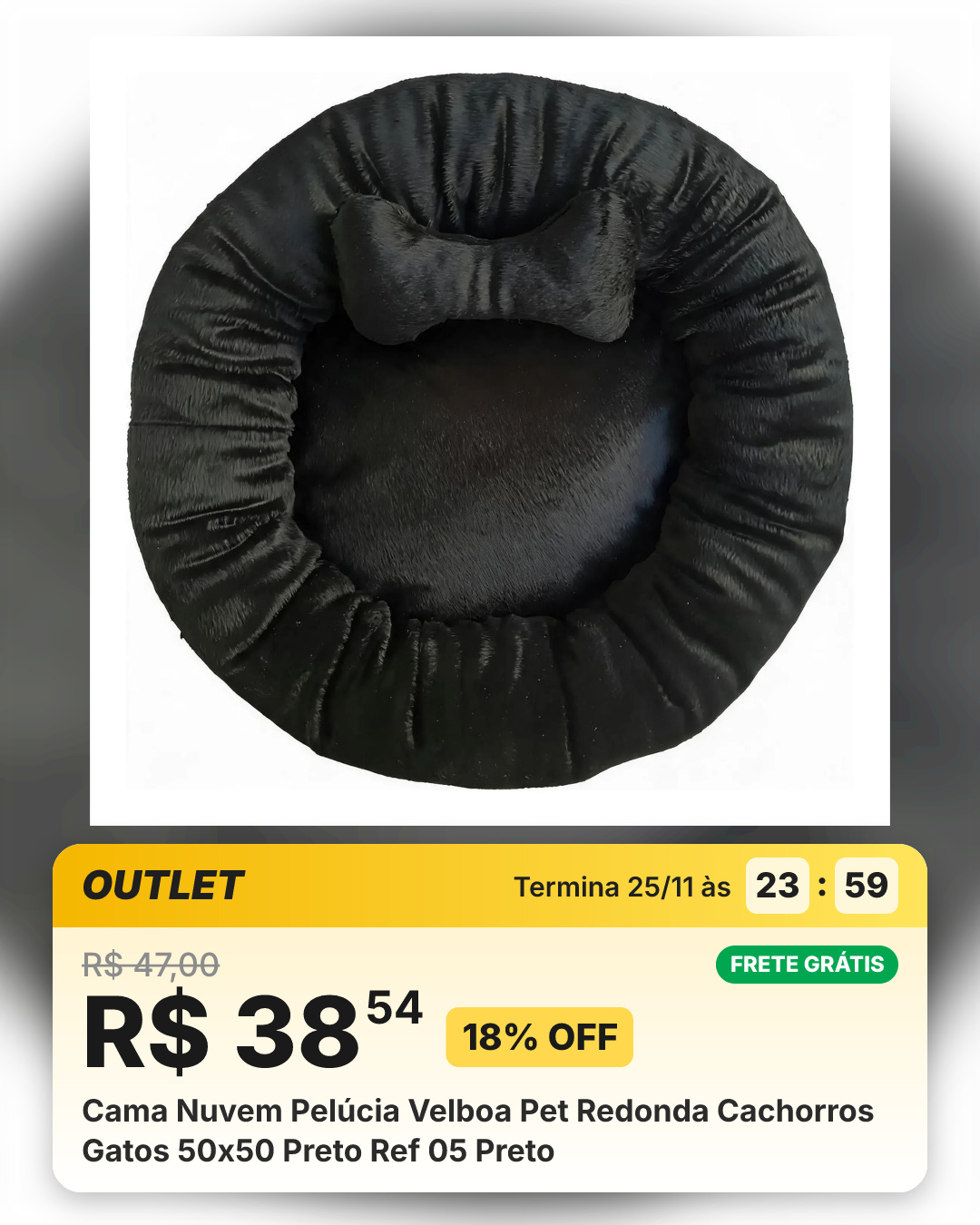 Cama Nuvem Pelúcia Velboa Pet Redonda Cachorros Gatos 50x50 Preto Ref 05 Preto