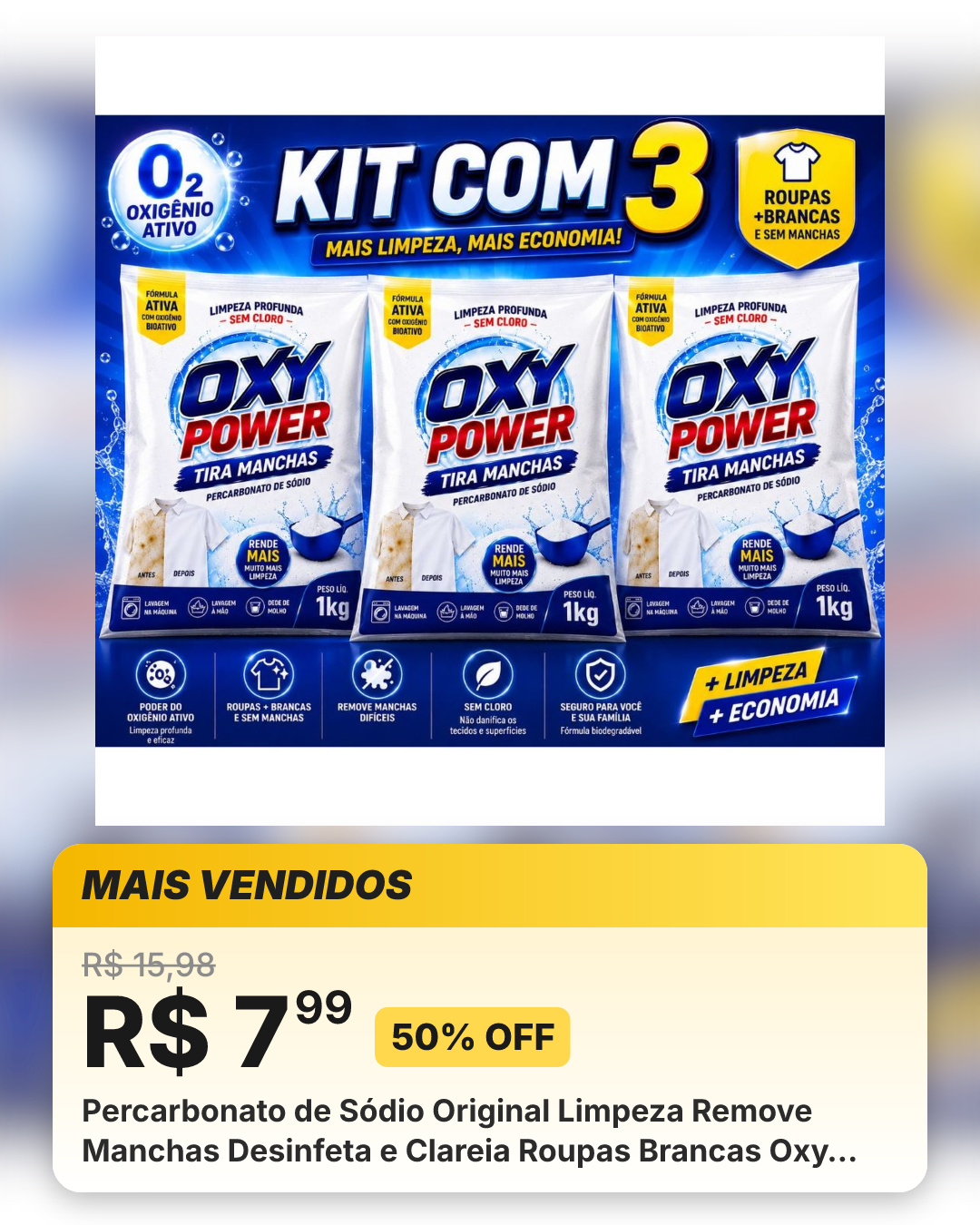 Percarbonato de Sódio Original Limpeza Remove Manchas Desinfeta e Clareia Roupas Brancas Oxy Power