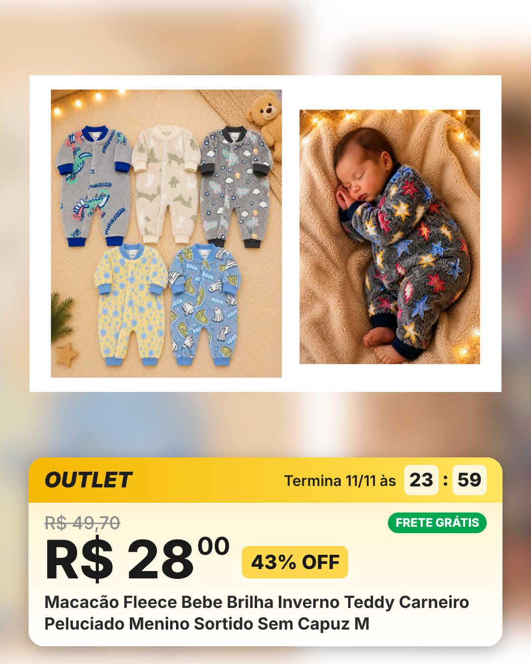 Macacão Fleece Bebe Brilha Inverno Teddy Carneiro Peluciado Menino Sortido Sem Capuz M
