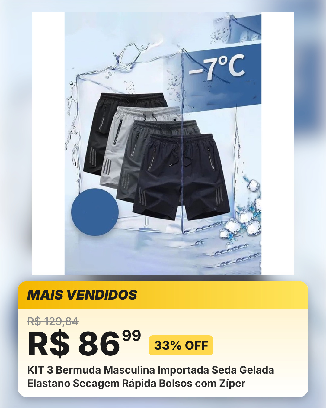 KIT 3 Bermuda Masculina Importada Seda Gelada Elastano Secagem Rápida Bolsos com Zíper