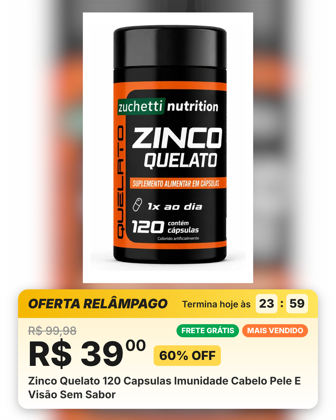 Zinco Quelato 120 Capsulas Imunidade Cabelo Pele E Visão Sem Sabor