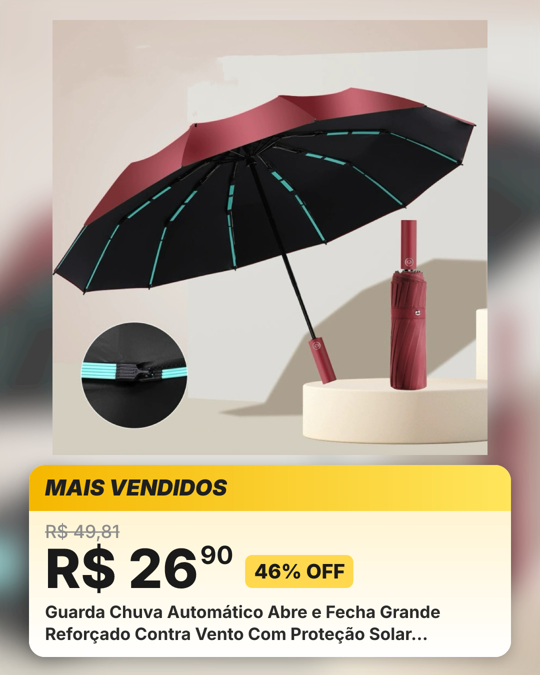 Guarda Chuva Automático Abre e Fecha Grande Reforçado Contra Vento Com Proteção Solar Blackout Haste Dupla Cabe na Bolsa
