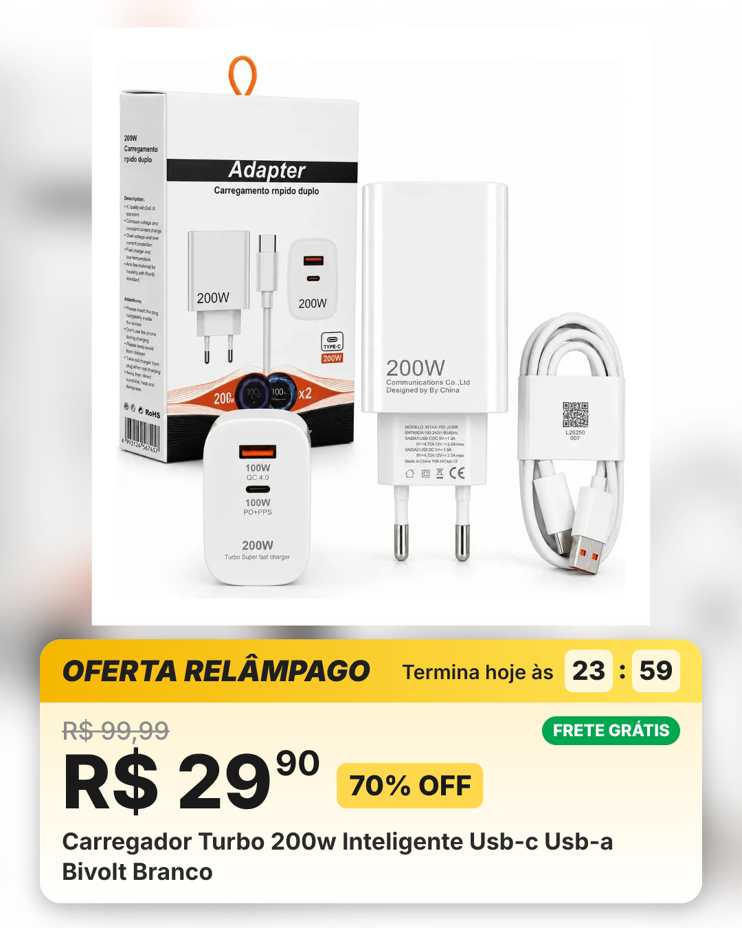 Carregador Turbo 200w Inteligente Usb-c Usb-a Bivolt Branco
