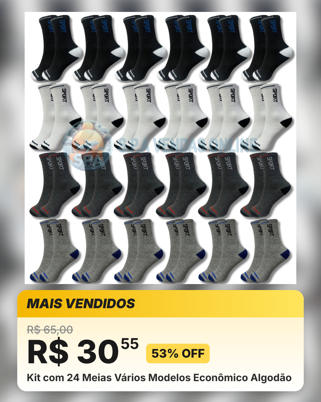 Kit com 24 Meias Vários Modelos Econômico Algodão