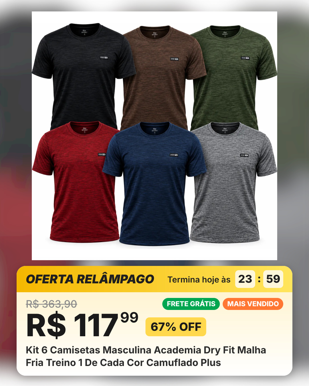 Kit 6 Camisetas Masculina Academia Dry Fit Malha Fria Treino 1 De Cada Cor Camuflado Plus