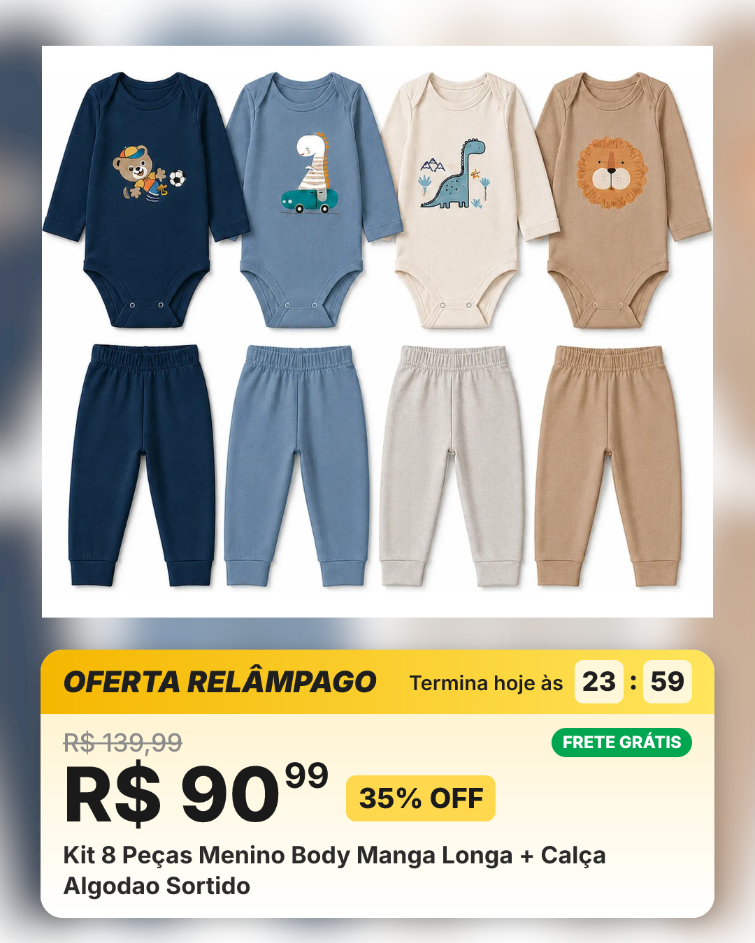 Kit 8 Peças Menino Body Manga Longa + Calça Algodao Sortido