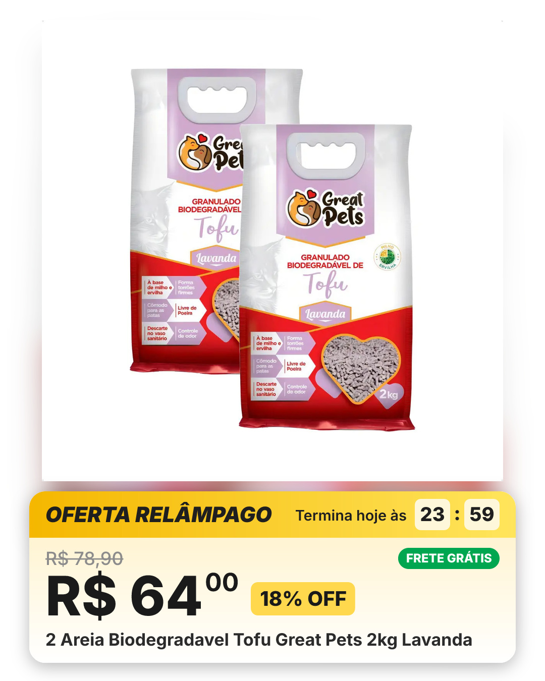 2 Areia Biodegradavel Tofu Great Pets 2kg Lavanda