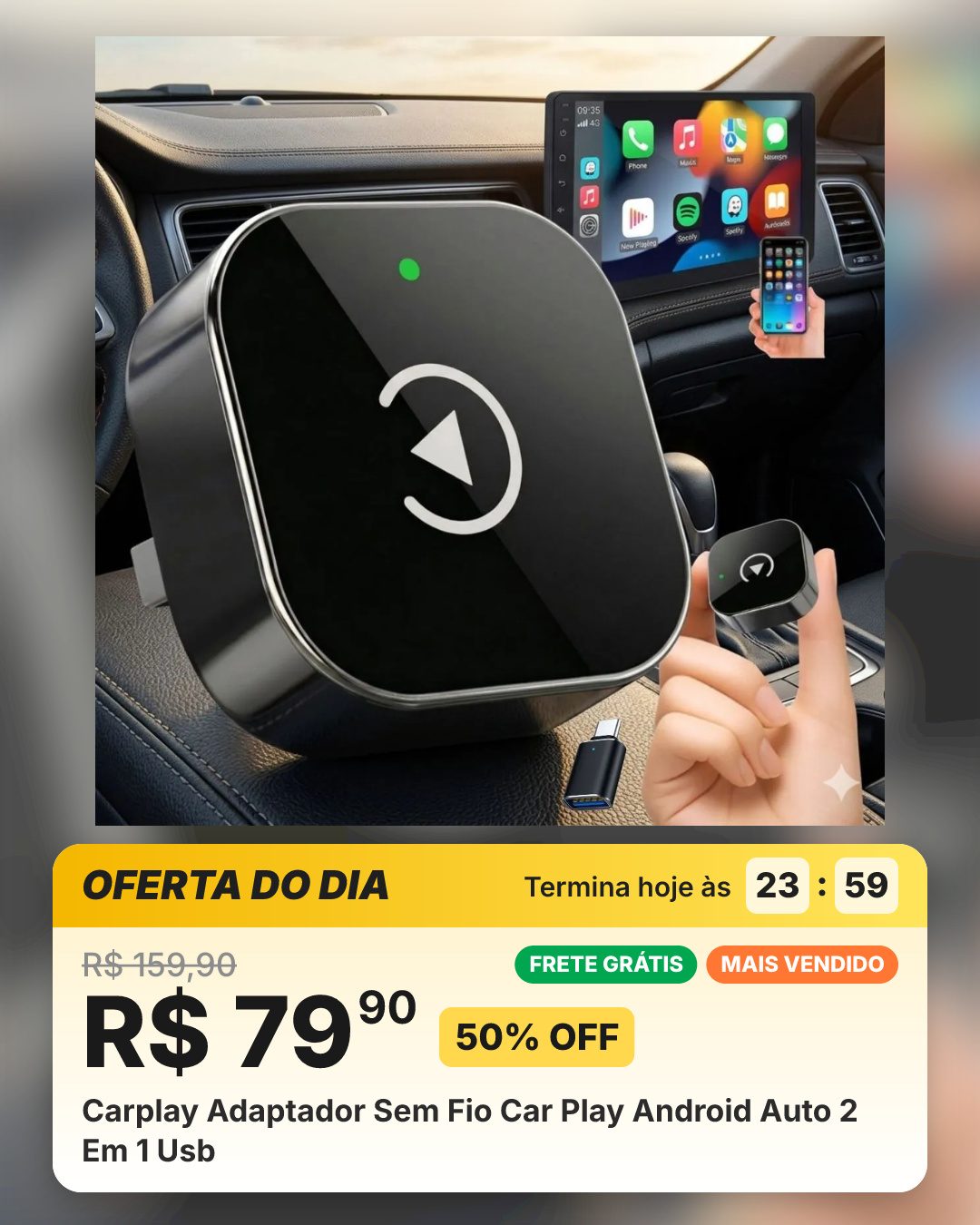 Carplay Adaptador Sem Fio Car Play Android Auto 2 Em 1 Usb