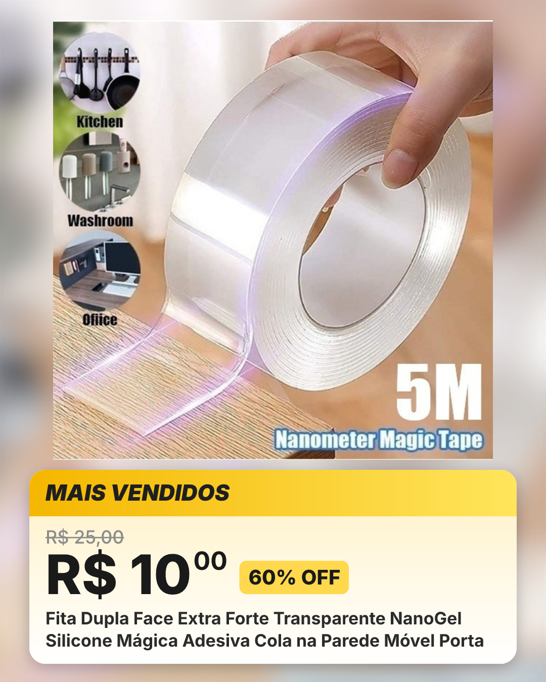 Fita Dupla Face Extra Forte Transparente NanoGel Silicone Mágica Adesiva Cola na Parede Móvel Porta