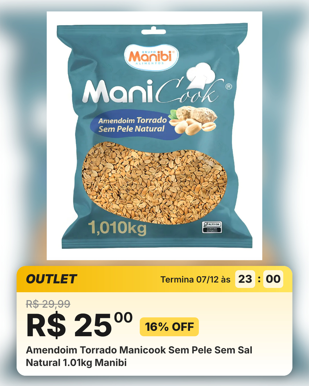 Amendoim Torrado Manicook Sem Pele Sem Sal Natural 1.01kg Manibi