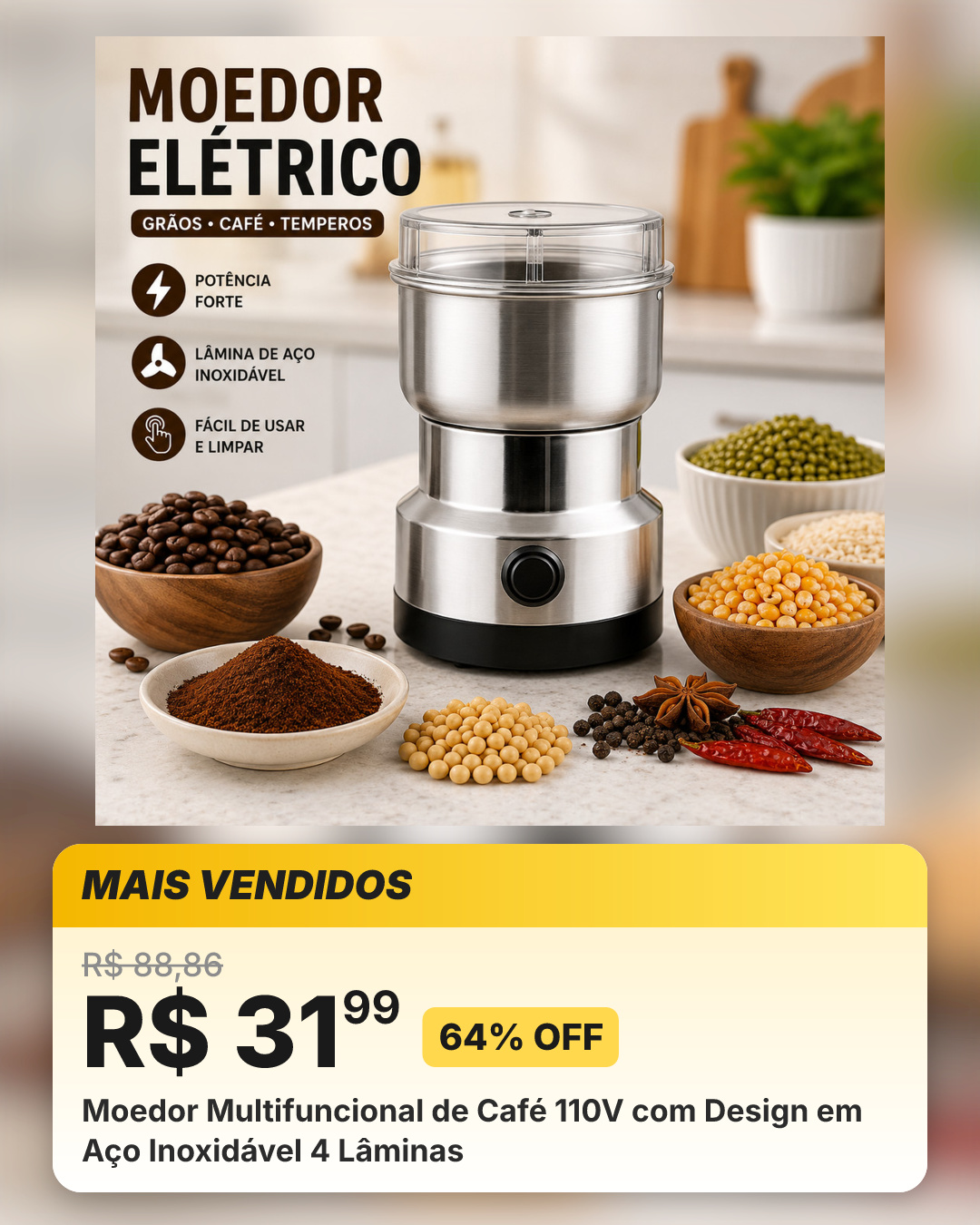 Moedor Multifuncional de Café 110V com Design em Aço Inoxidável 4 Lâminas