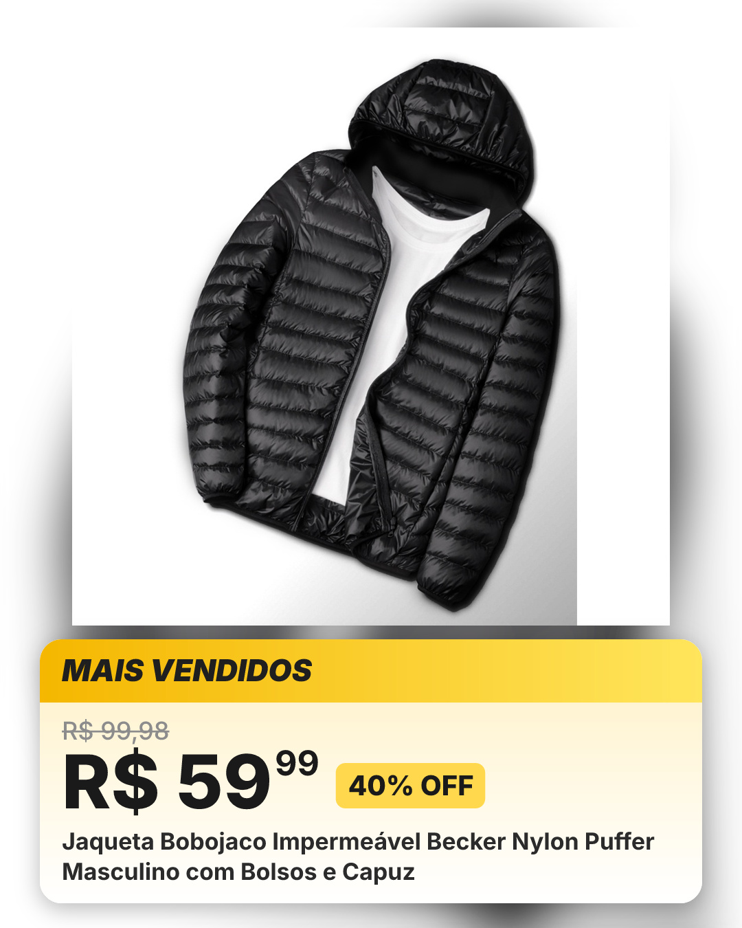 Jaqueta Bobojaco Impermeável Becker Nylon Puffer Masculino com Bolsos e Capuz
