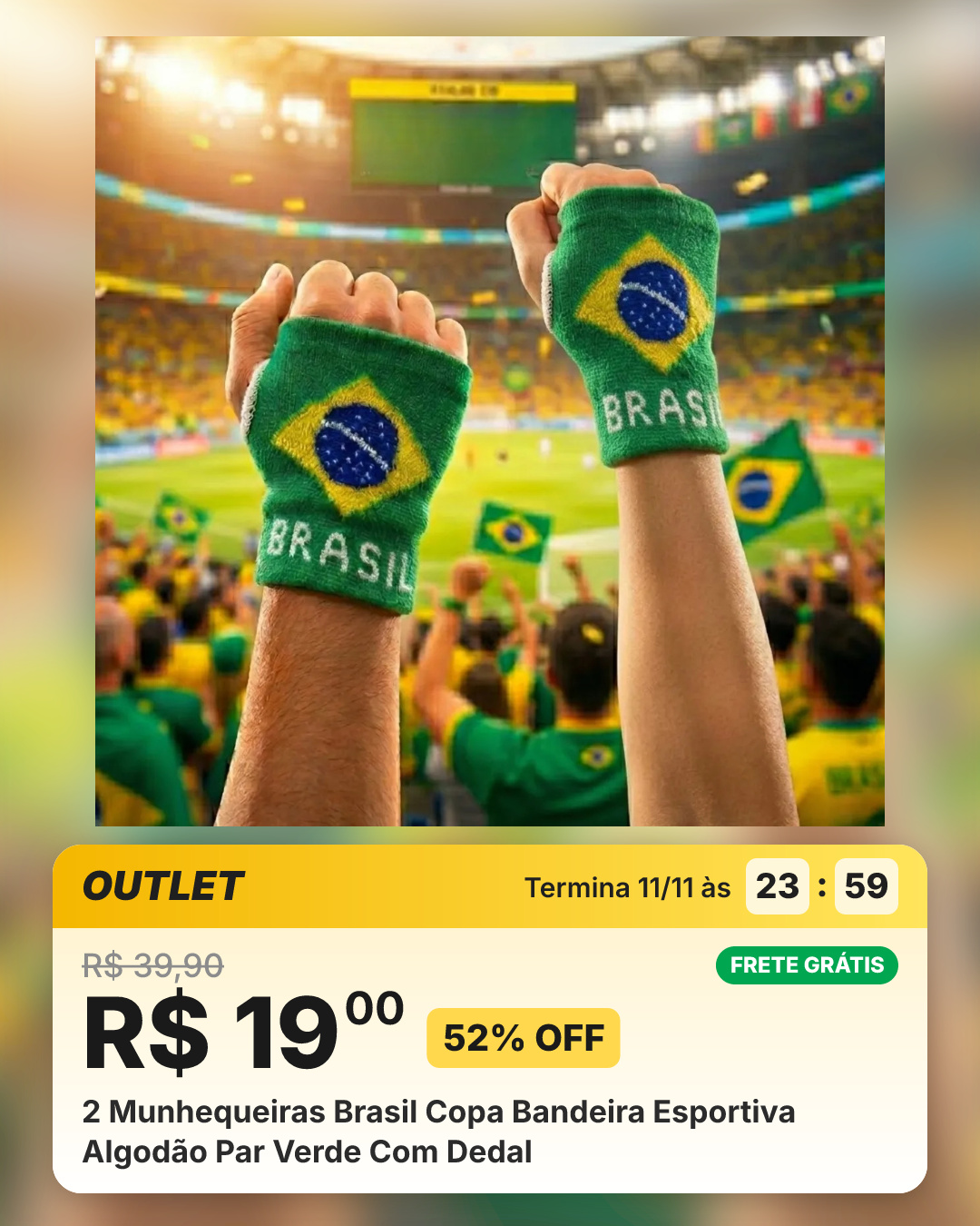2 Munhequeiras Brasil Copa Bandeira Esportiva Algodão Par Verde Com Dedal
