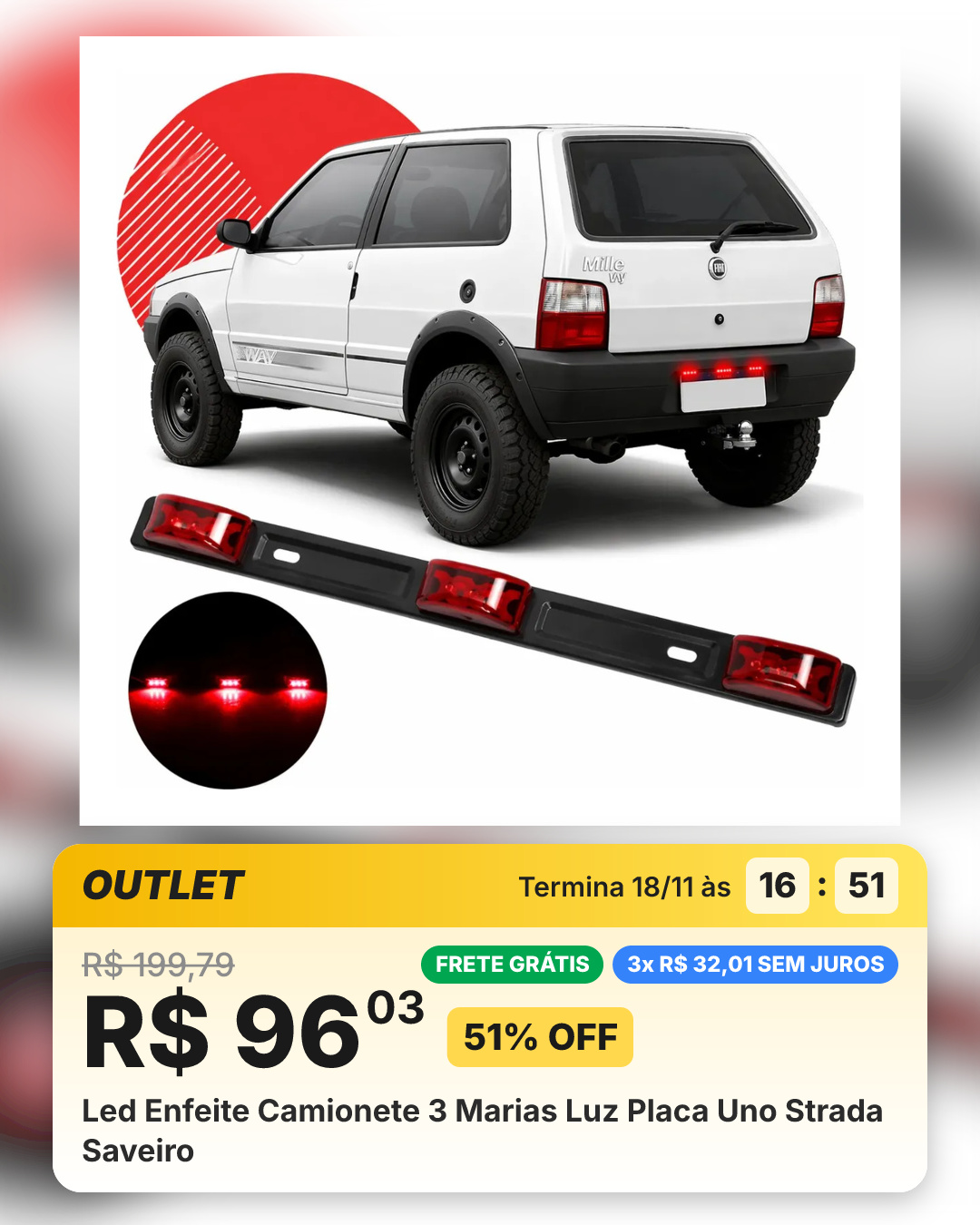 Led Enfeite Camionete 3 Marias Luz Placa Uno Strada Saveiro