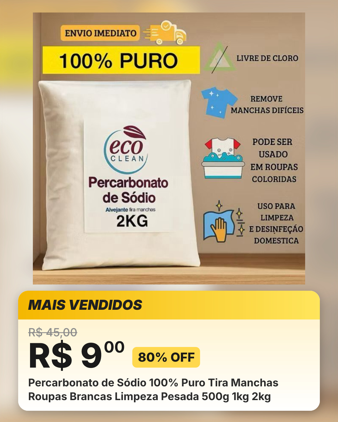 Percarbonato de Sódio 100% Puro Tira Manchas Roupas Brancas Limpeza Pesada 500g 1kg 2kg