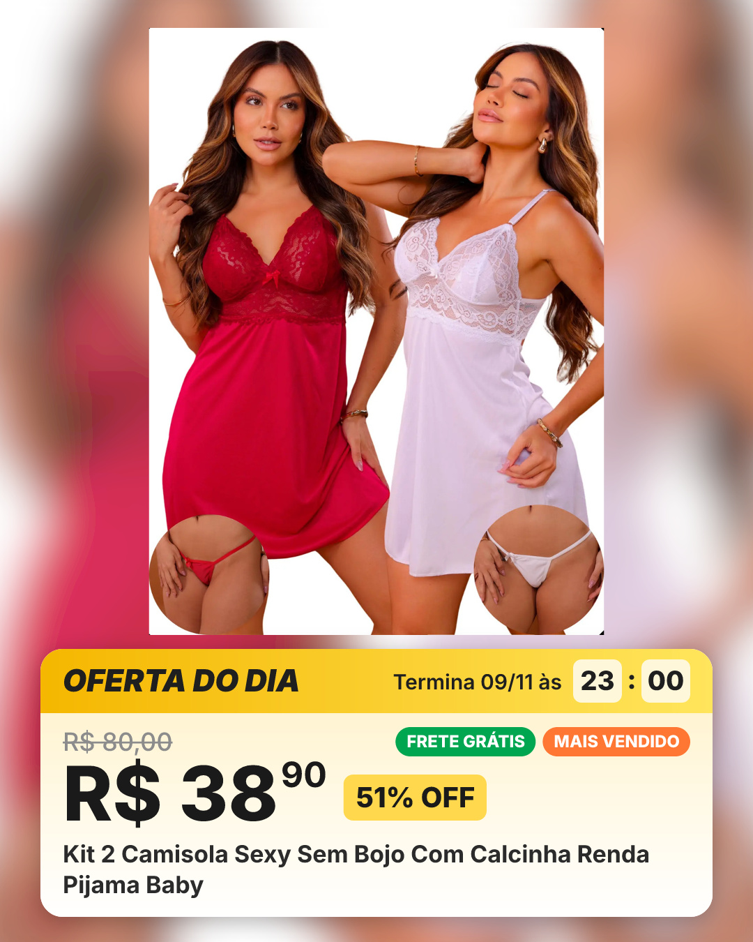 Kit 2 Camisola Sexy Sem Bojo Com Calcinha Renda Pijama Baby