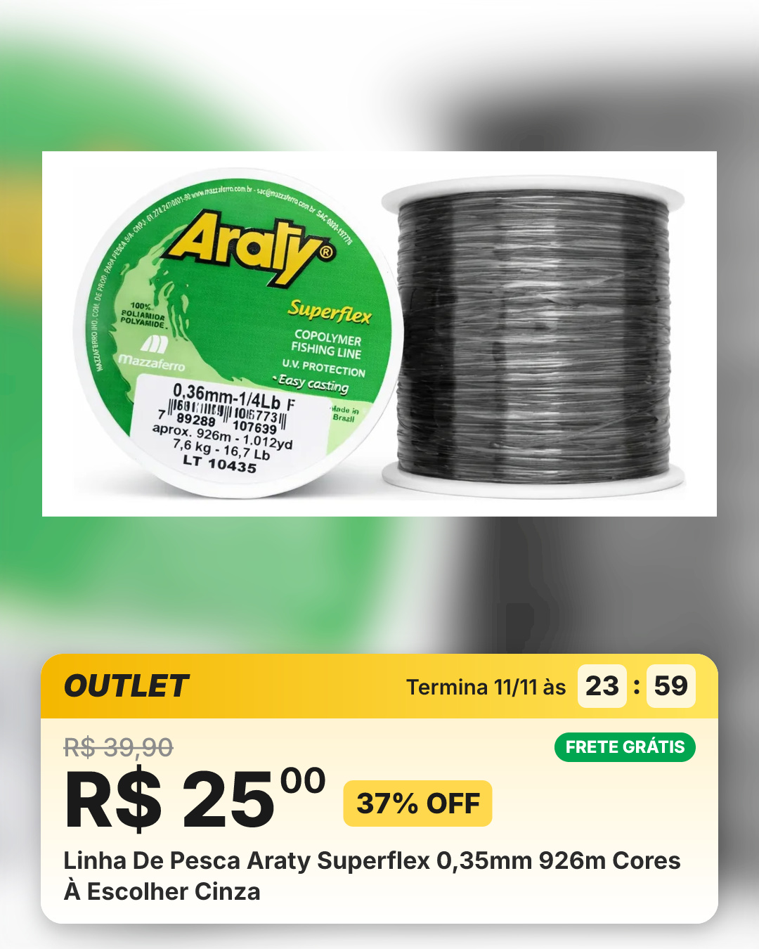 Linha De Pesca Araty Superflex 0,35mm 926m Cores À Escolher Cinza