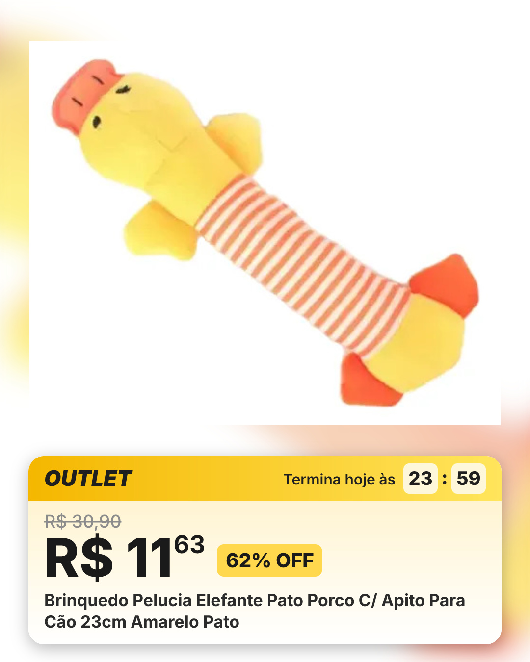 Brinquedo Pelucia Elefante Pato Porco C/ Apito Para Cão 23cm Amarelo Pato