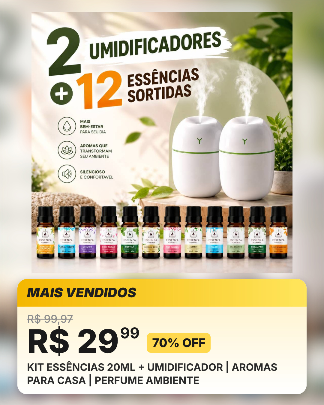 KIT ESSÊNCIAS 20ML + UMIDIFICADOR | AROMAS PARA CASA | PERFUME AMBIENTE