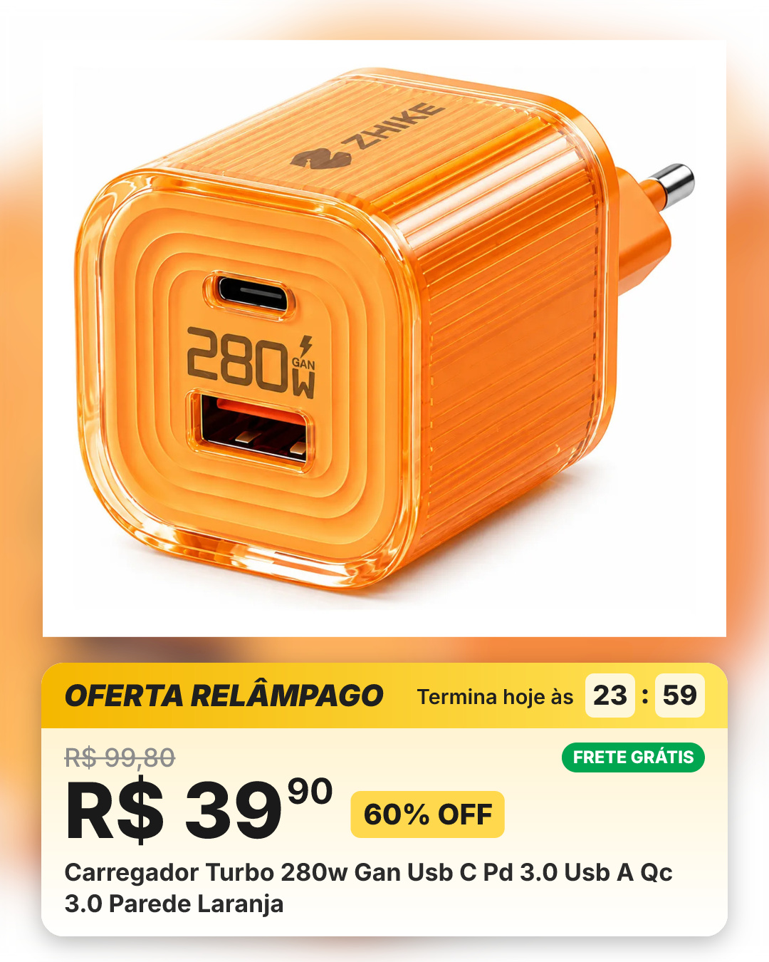 Carregador Turbo 280w Gan Usb C Pd 3.0 Usb A Qc 3.0 Parede Laranja