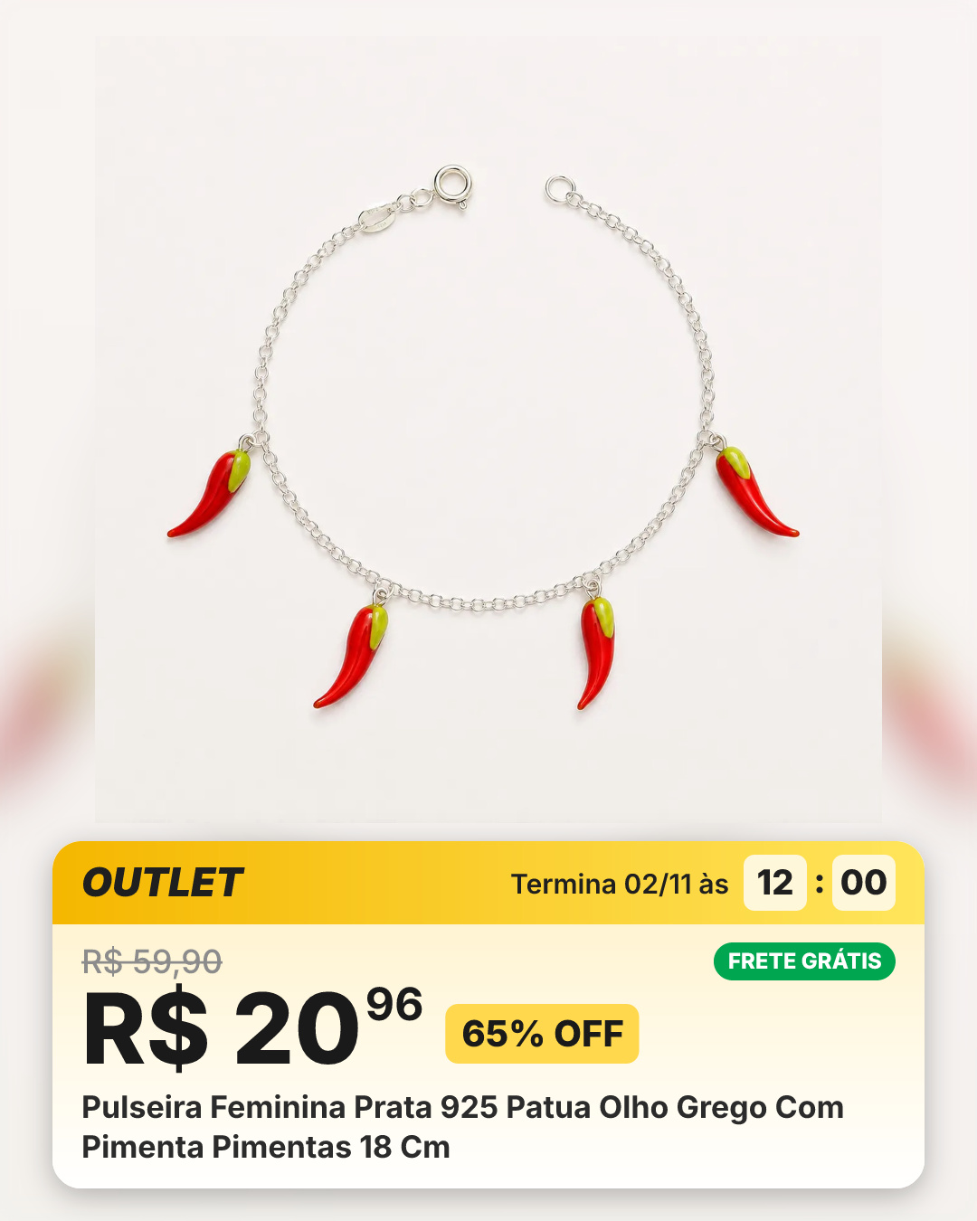 Pulseira Feminina Prata 925 Patua Olho Grego Com Pimenta Pimentas 18 Cm