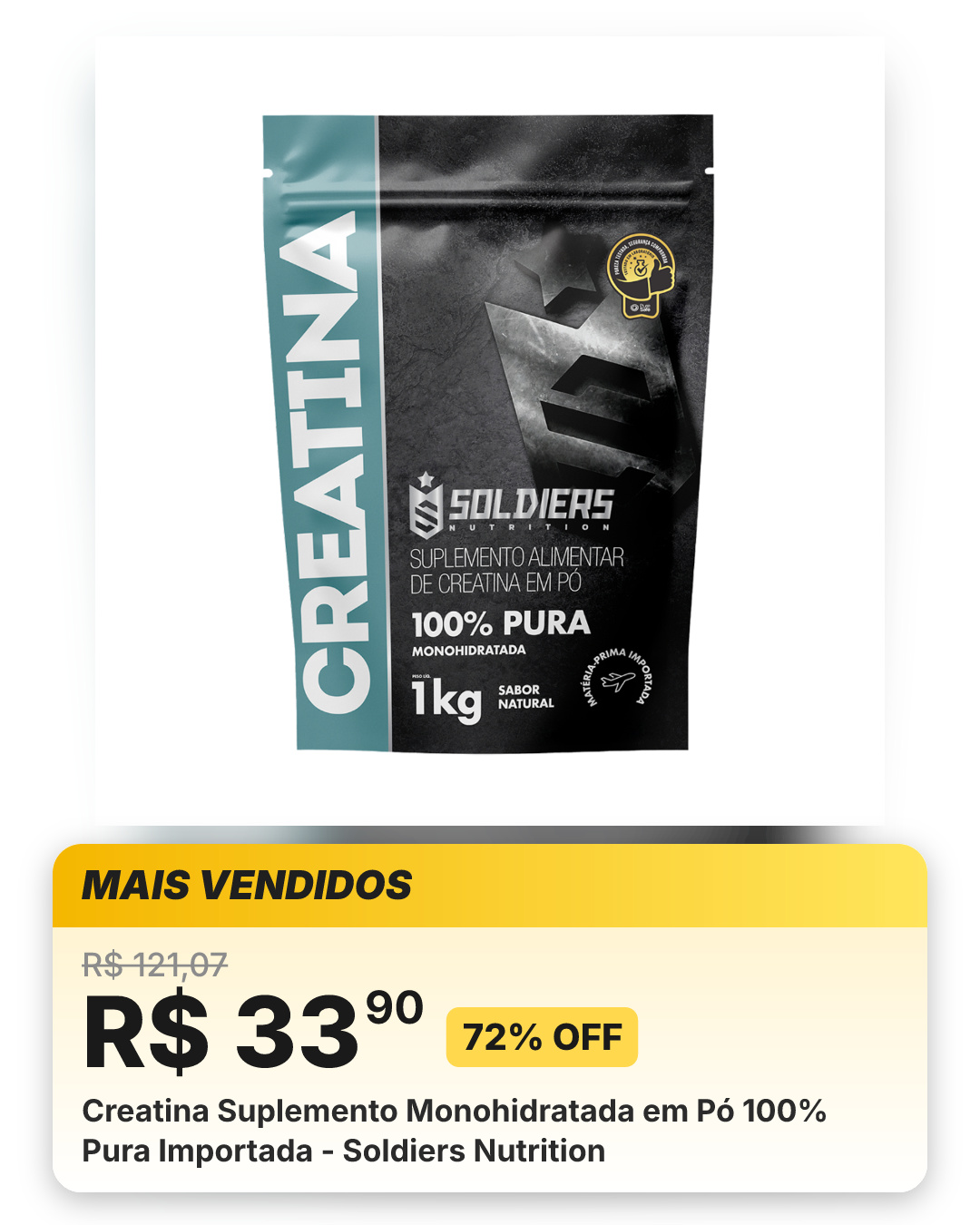 Creatina Suplemento Monohidratada em Pó 100% Pura Importada - Soldiers Nutrition