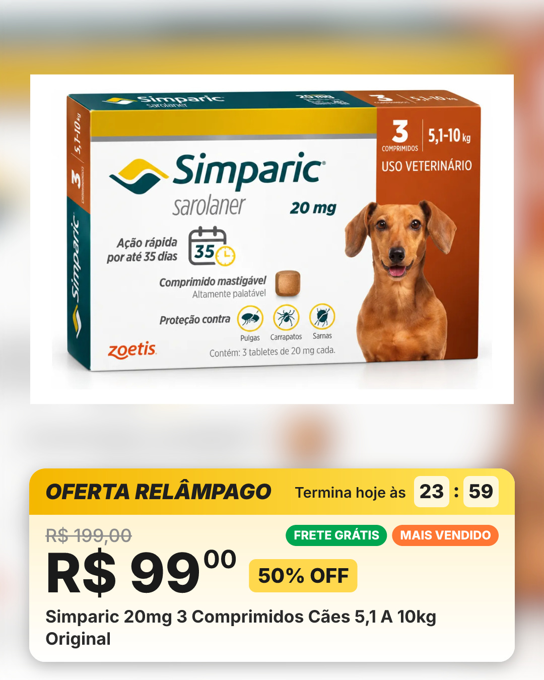 Simparic 20mg 3 Comprimidos Cães 5,1 A 10kg Original