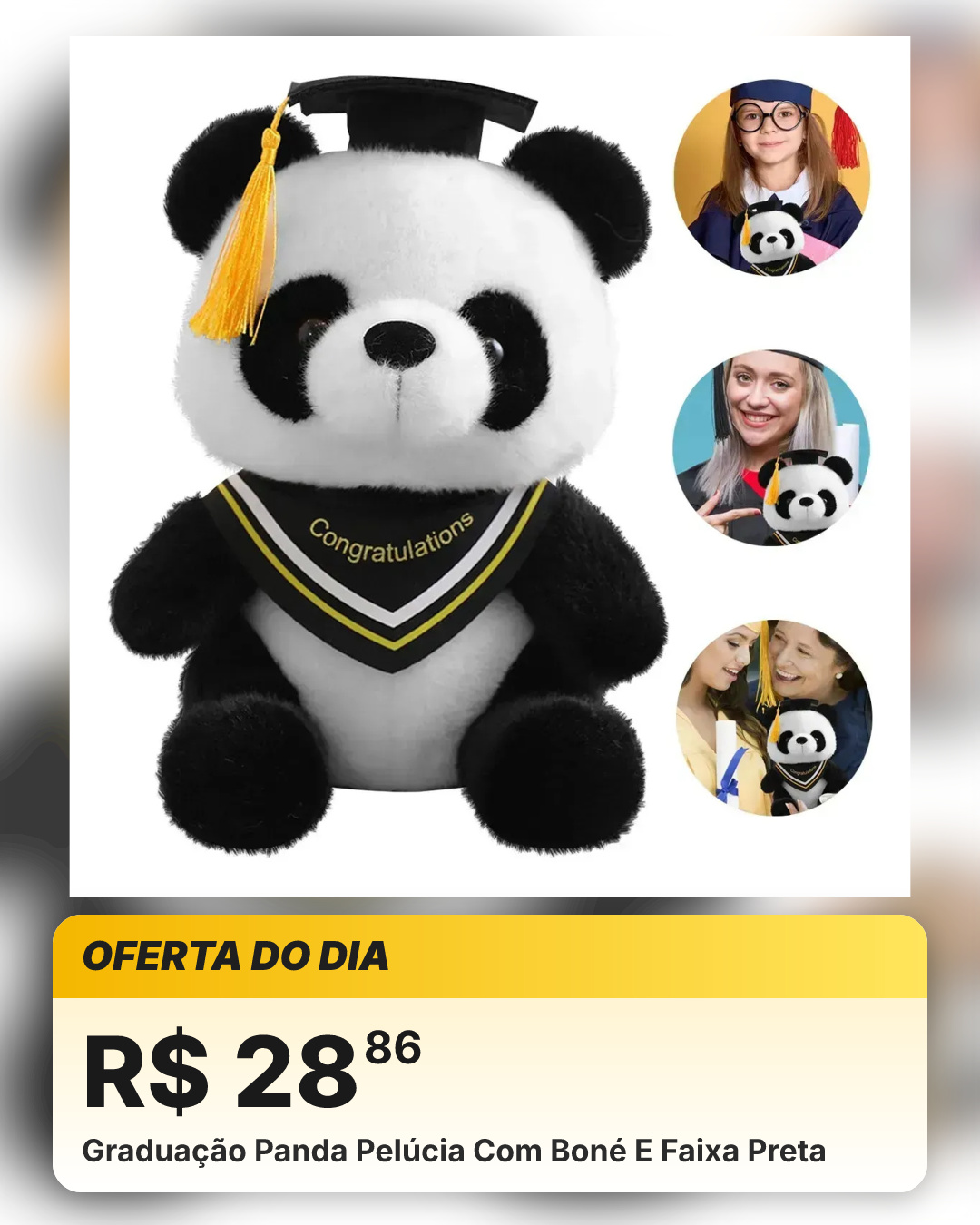 Graduação Panda Pelúcia Com Boné E Faixa Preta