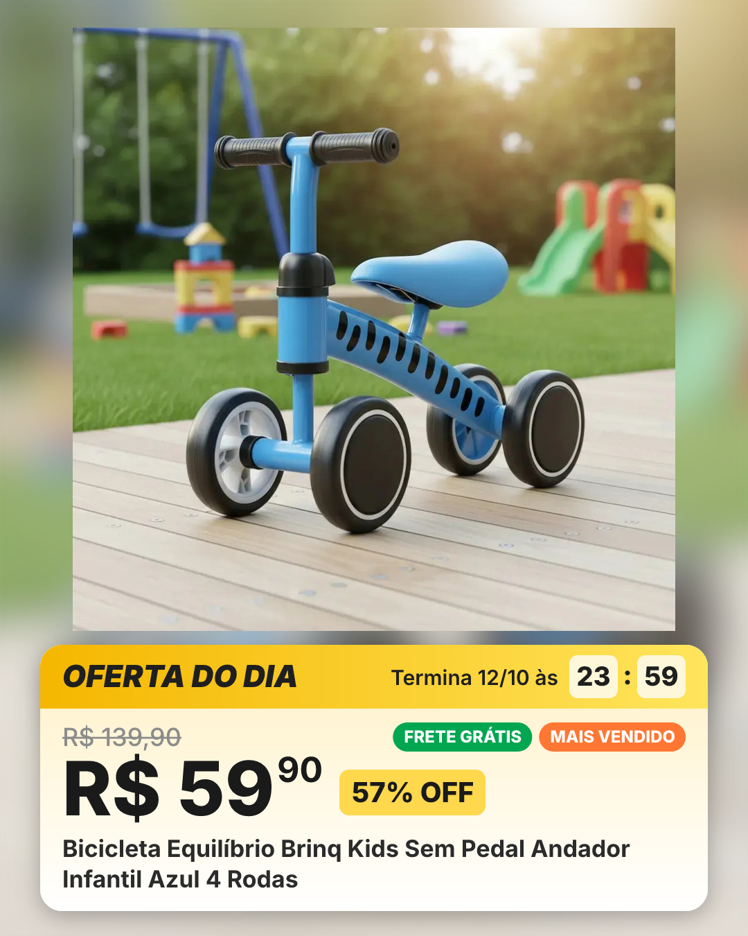Bicicleta Equilíbrio Brinq Kids Sem Pedal Andador Infantil Azul 4 Rodas
