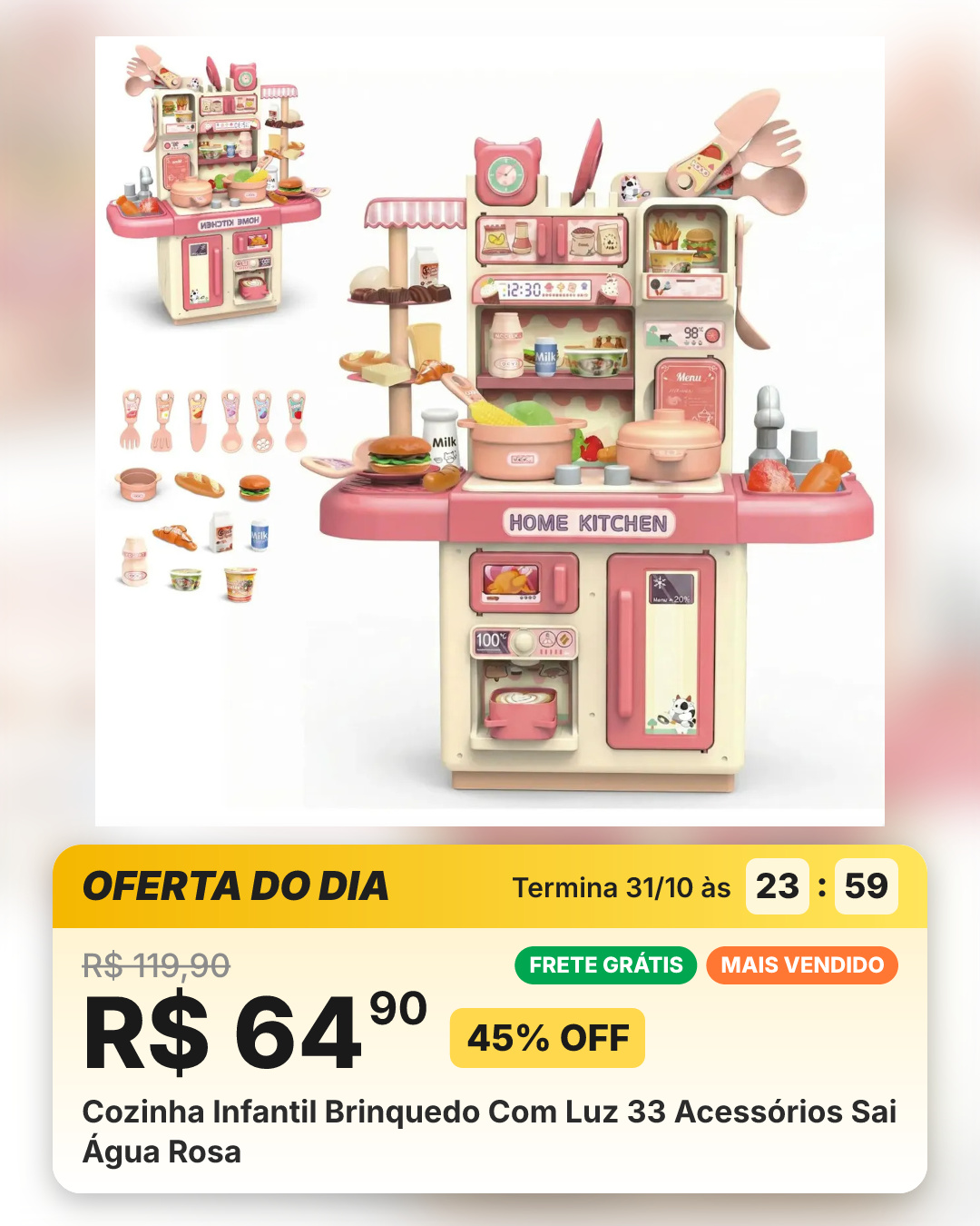 Cozinha Infantil Brinquedo Com Luz 33 Acessórios Sai Água Rosa