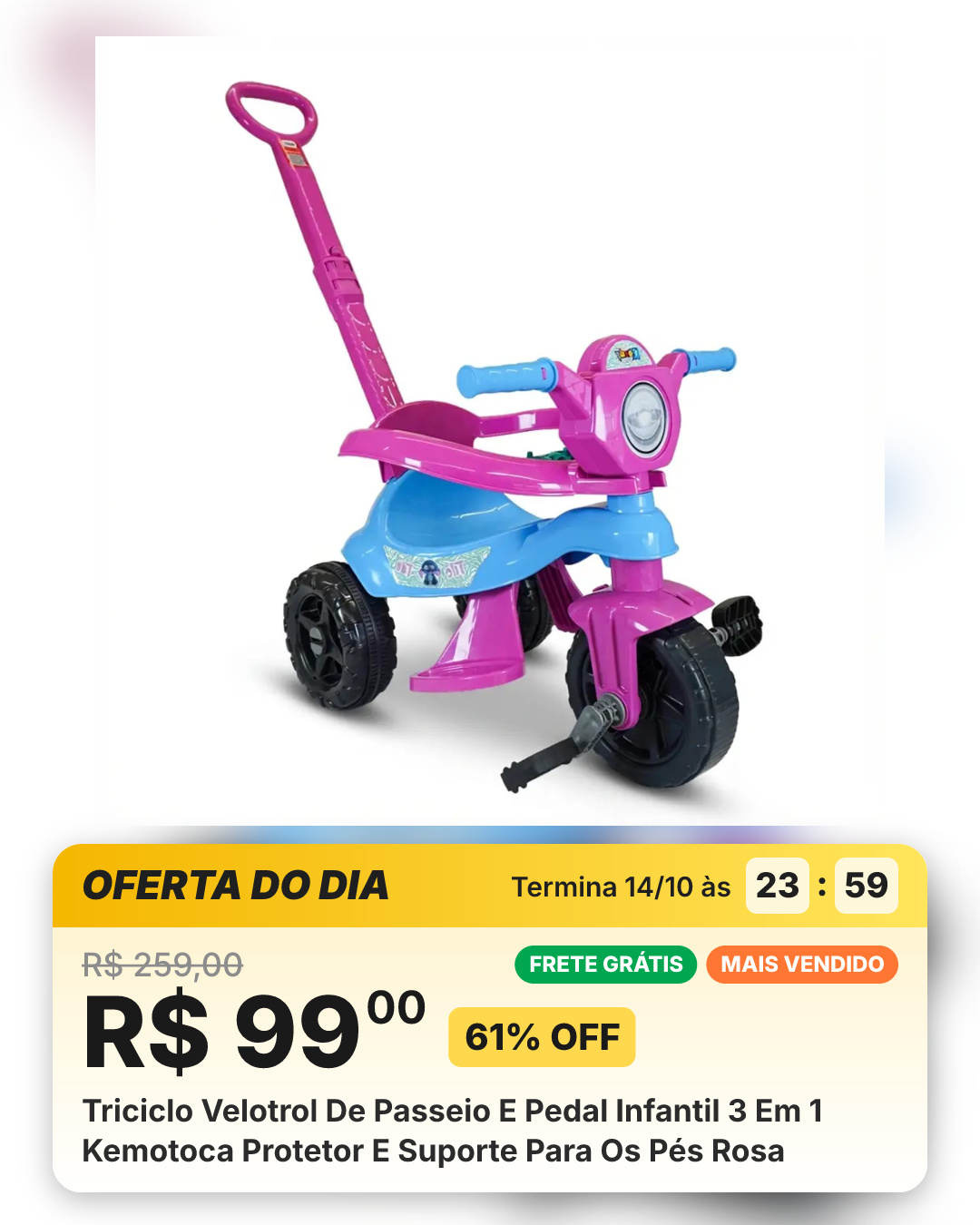 Triciclo Velotrol De Passeio E Pedal Infantil 3 Em 1 Kemotoca Protetor E Suporte Para Os Pés Rosa