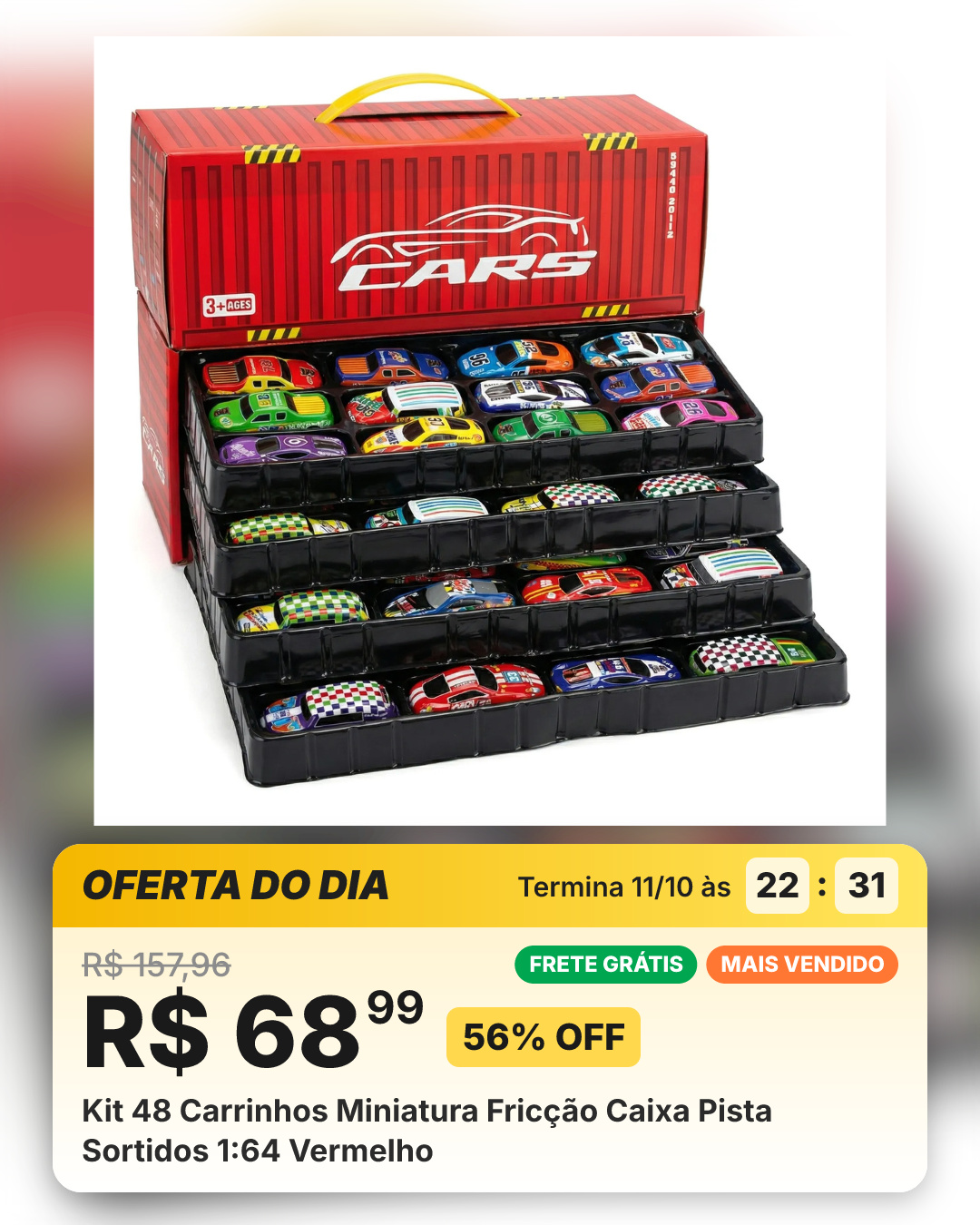 Kit 48 Carrinhos Miniatura Fricção Caixa Pista Sortidos 1:64 Vermelho
