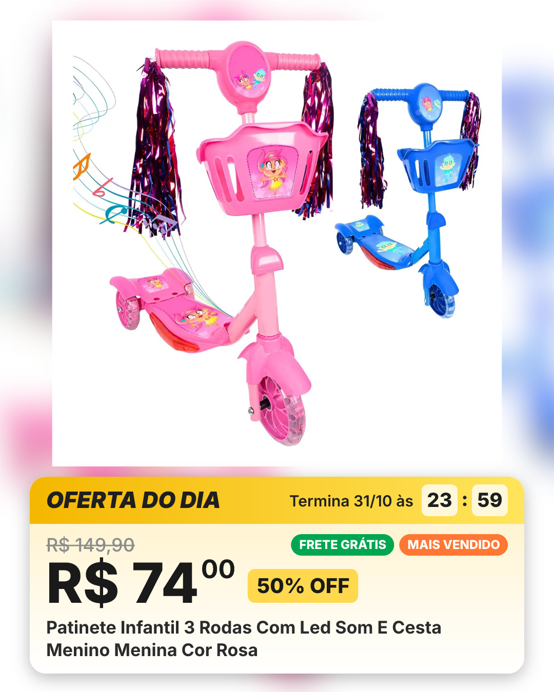 Patinete Infantil 3 Rodas Com Led Som E Cesta Menino Menina Cor Rosa