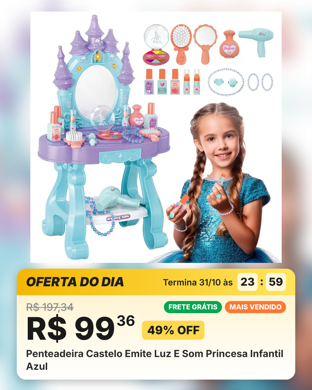 Penteadeira Castelo Emite Luz E Som Princesa Infantil Azul