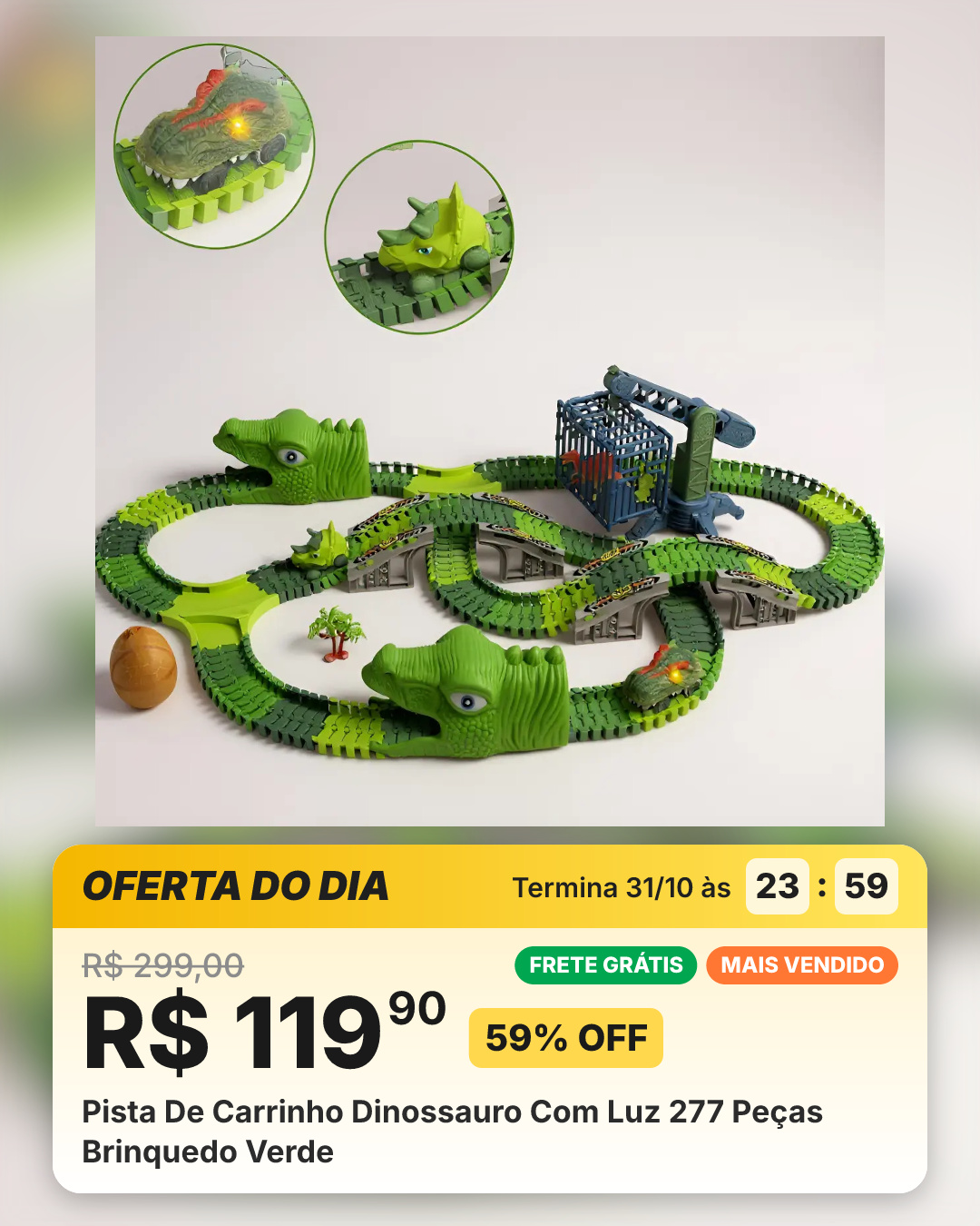 Pista De Carrinho Dinossauro Com Luz 277 Peças Brinquedo Verde