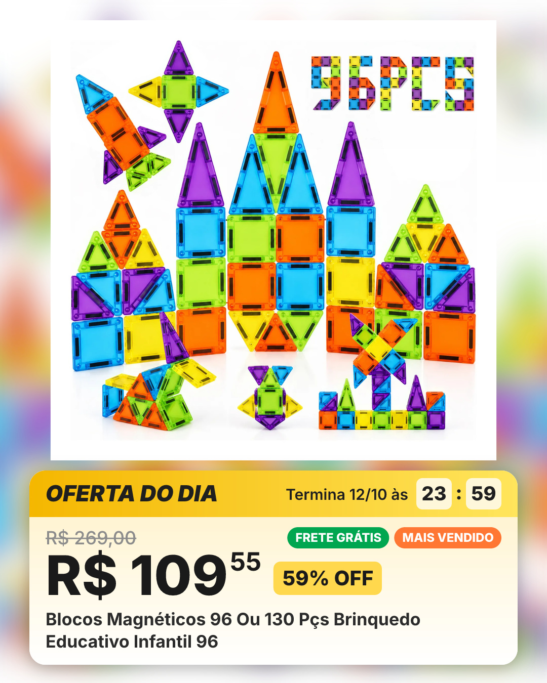 Blocos Magnéticos 96 Ou 130 Pçs Brinquedo Educativo Infantil 96