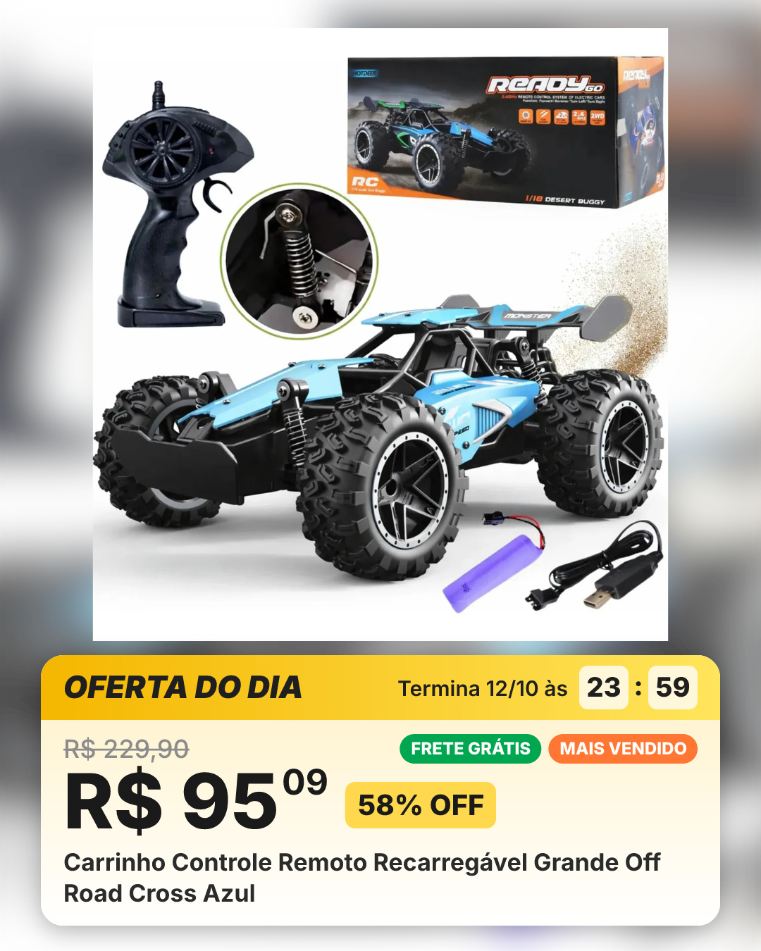 Carrinho Controle Remoto Recarregável Grande Off Road Cross Azul