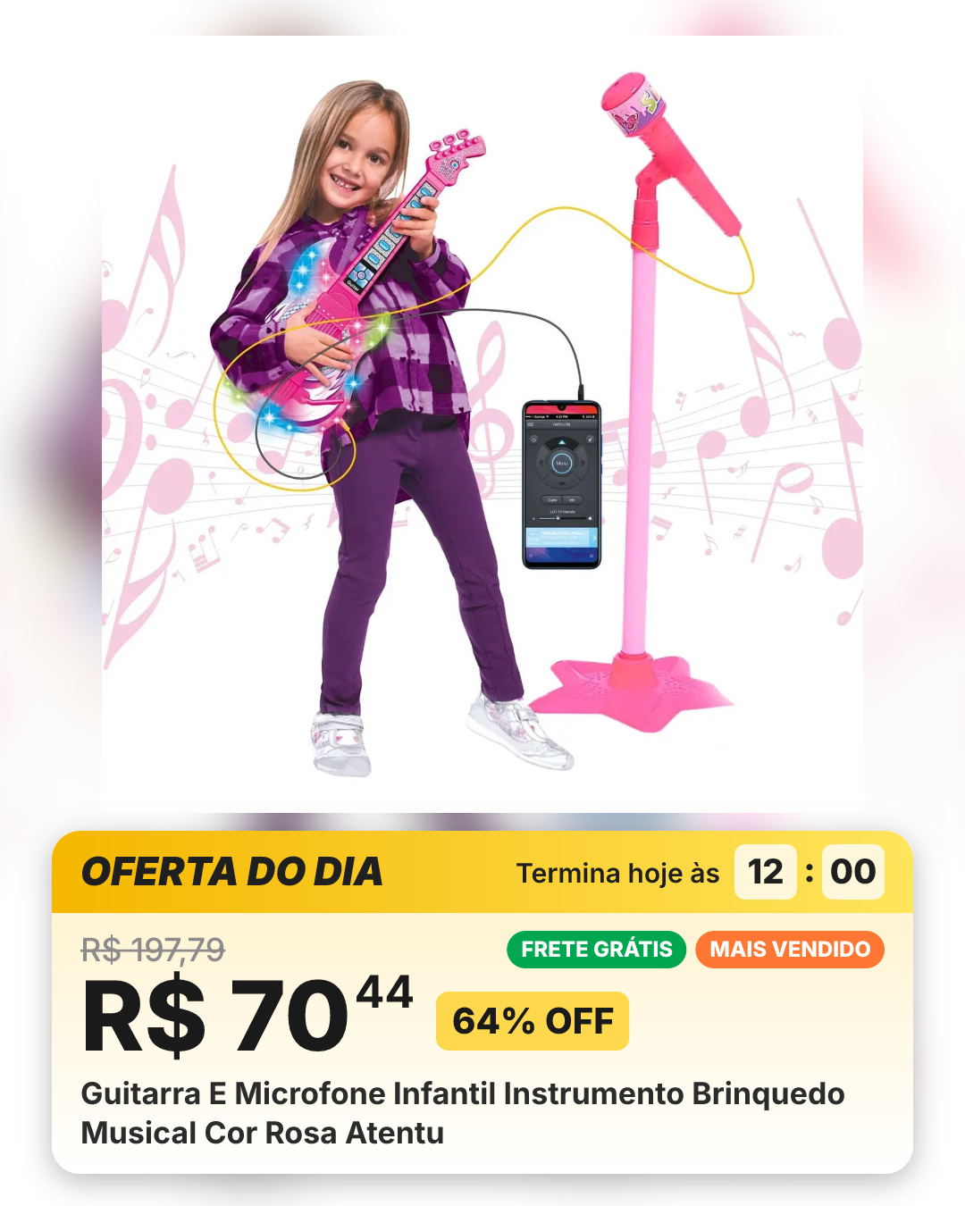 Guitarra E Microfone Infantil Instrumento Brinquedo Musical Cor Rosa Atentu