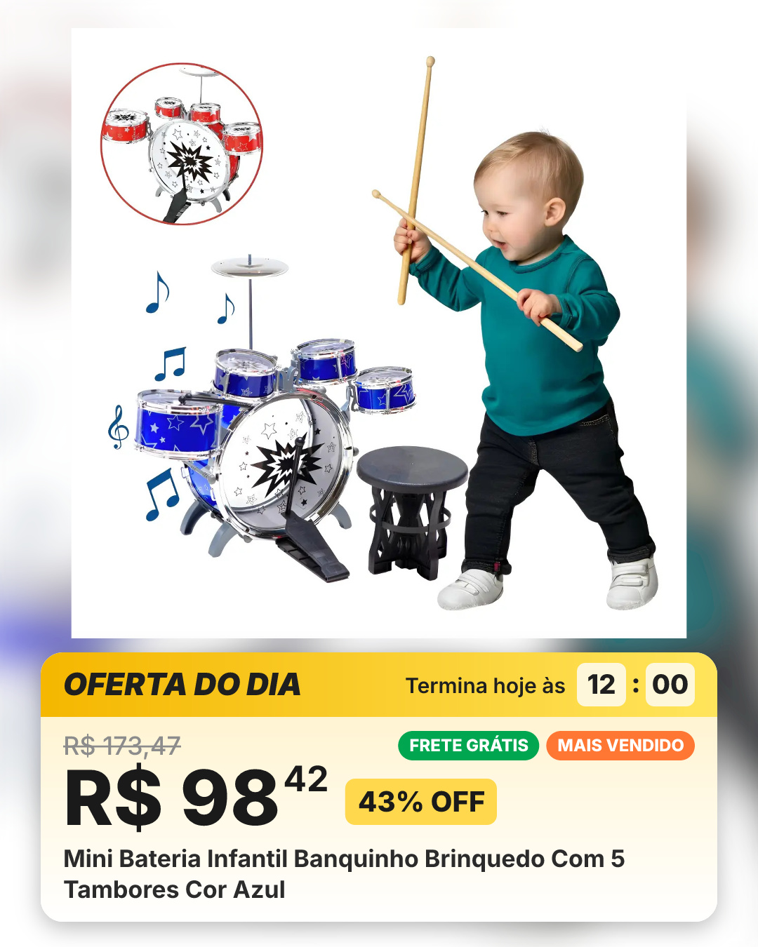 Mini Bateria Infantil Banquinho Brinquedo Com 5 Tambores Cor Azul