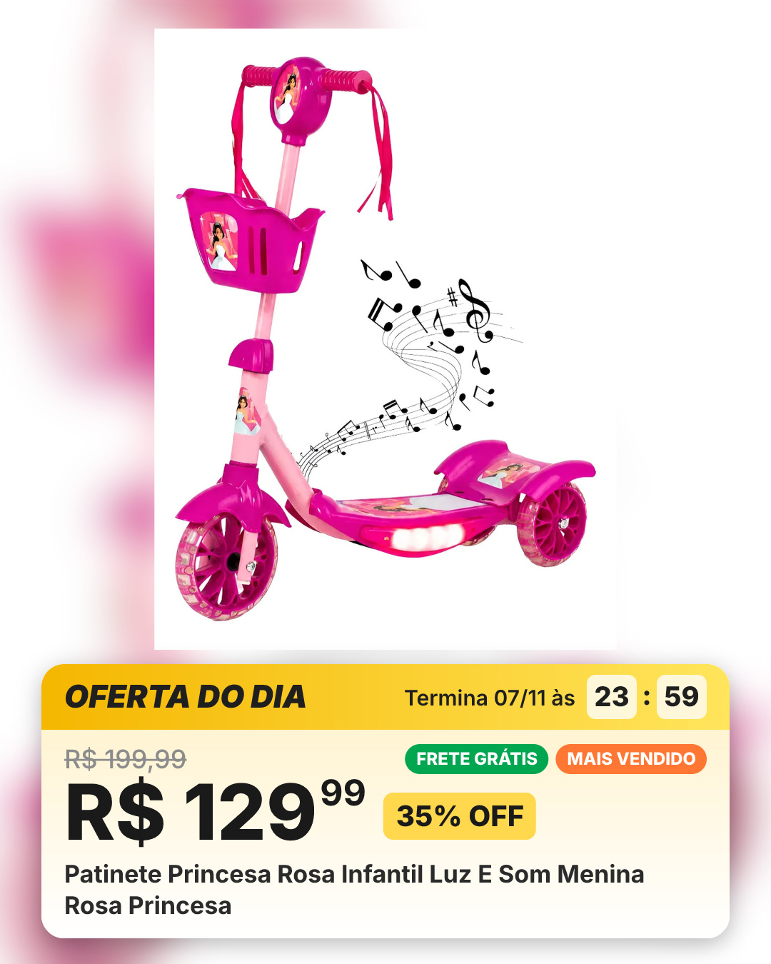 Patinete Princesa Rosa Infantil Luz E Som Menina Rosa Princesa