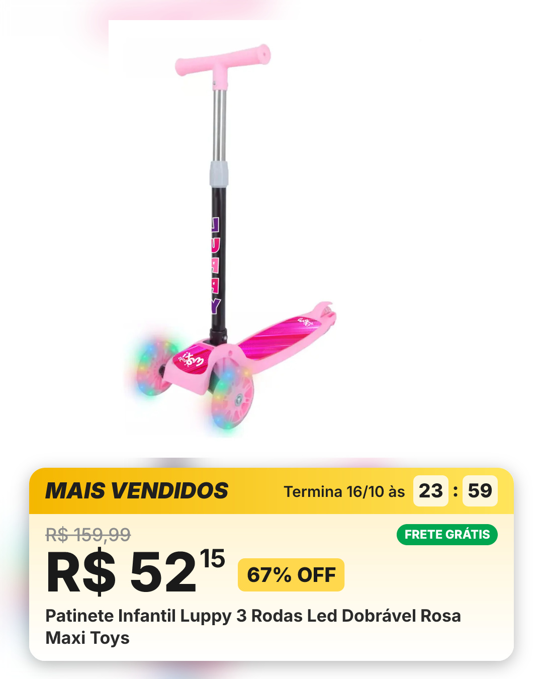 Patinete Infantil Luppy 3 Rodas Led Dobrável Rosa Maxi Toys