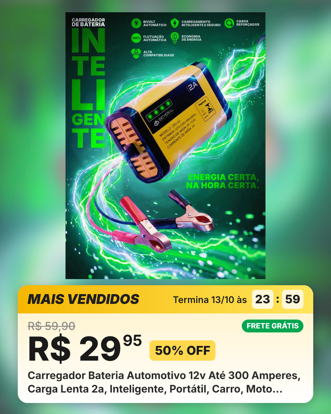 Carregador Bateria Automotivo 12v Até 300 Amperes, Carga Lenta 2a, Inteligente, Portátil, Carro, Moto, Caminhão, Jet Sky, Empilhadeira, Bivolt 110/220v Several Importados
