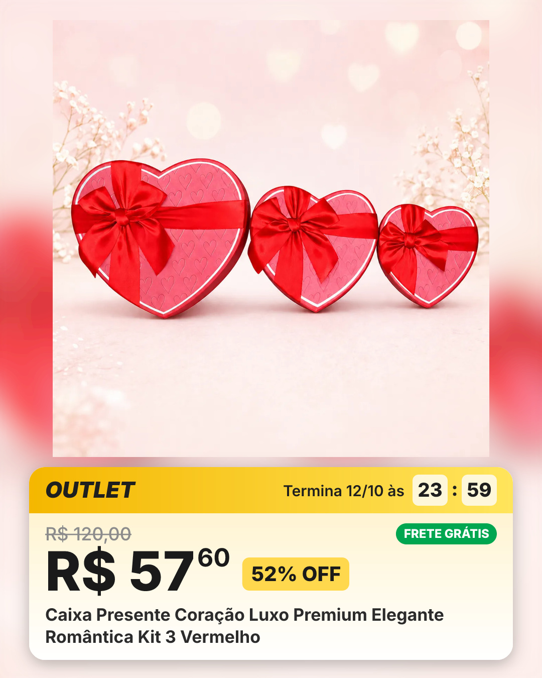 Caixa Presente Coração Luxo Premium Elegante Romântica Kit 3 Vermelho