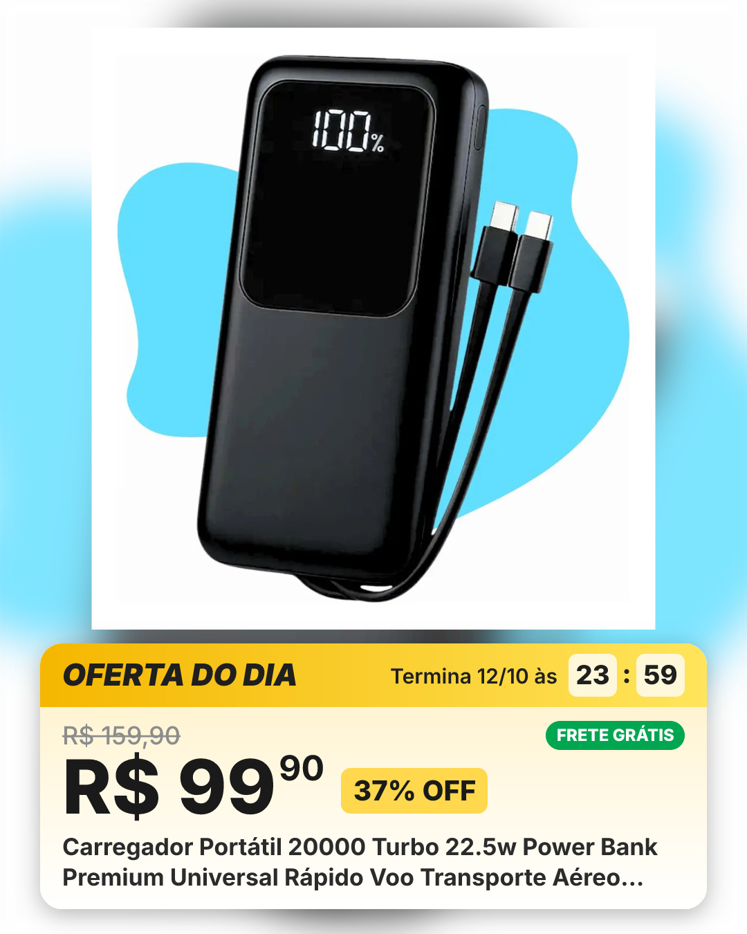 Carregador Portátil 20000 Turbo 22.5w Power Bank Premium Universal Rápido Voo Transporte Aéreo Para Samsung iPhone Xiaomi Motorola Celular Smartwatch Tablet Casenn Preto