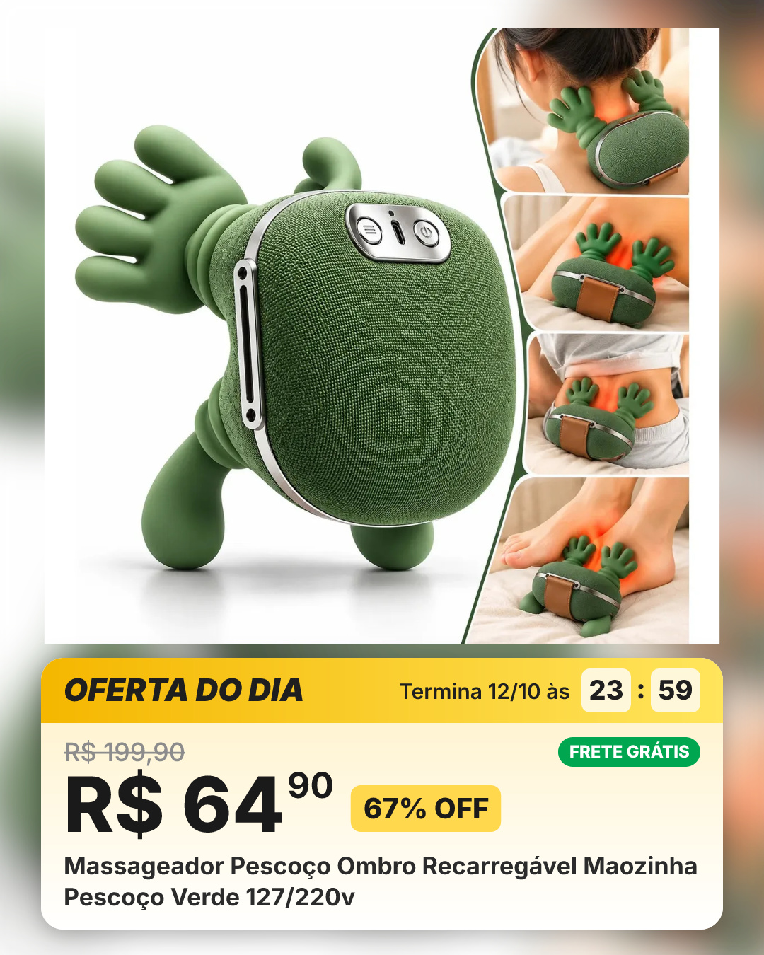 Massageador Pescoço Ombro Recarregável Maozinha Pescoço Verde 127/220v