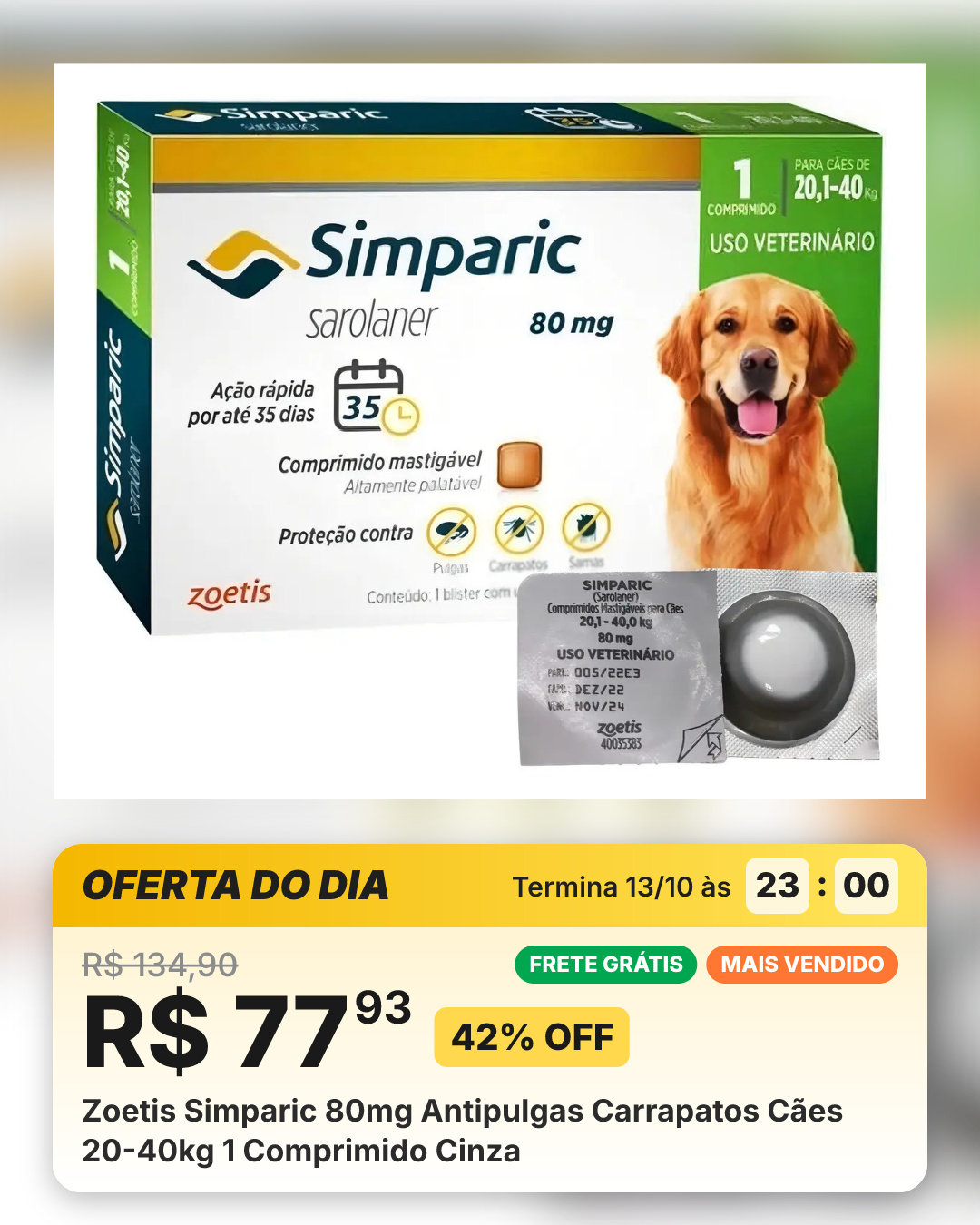 Zoetis Simparic 80mg Antipulgas Carrapatos Cães 20-40kg 1 Comprimido Cinza